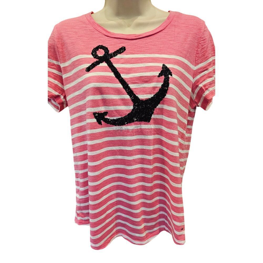 Tommy hilfiger nautical pink black sequin anchor relaxed fit M top blouse cruise